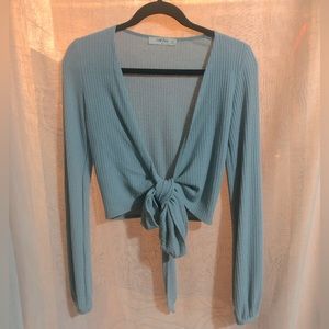 Women’s Tie-Front Long Sleeve Cover Up - Baby blue - Size: Medium
